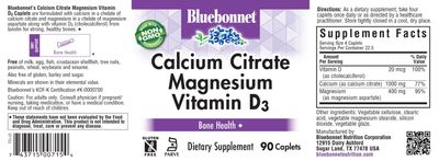 Bluebonnet Nutrition Calcium Citrate Magnesium Plus Vitamin D3 Caplets, Bone Health & Muscle Relaxation, Non GMO, Gluten, Soy & Milk Free, Kosher, White, 90 Count