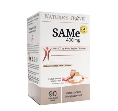 Nature&#39;s Trove SAM-e 400mg 90 Enteric Coated Caplets. Vegan, Kosher, Non-GMO Project Verified, Soy Free, Gluten Free - Cold Form Blister Packed.