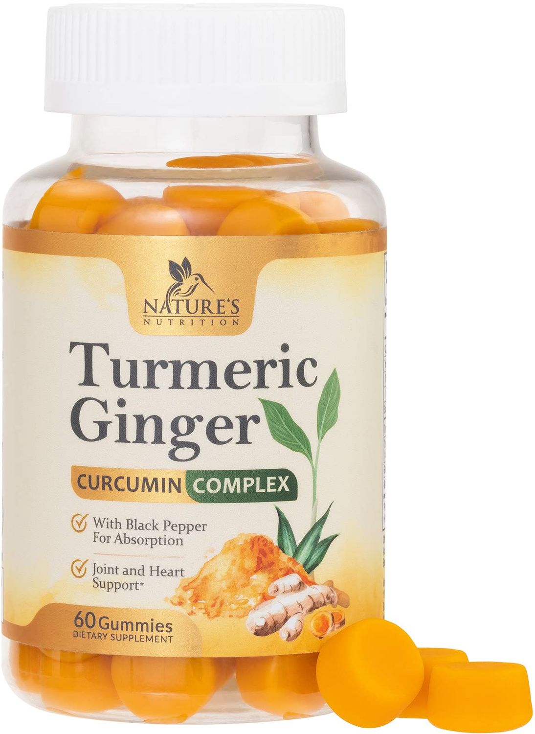 Turmeric Gummies with Black Pepper &amp; Ginger for Best Absorption, 95% Curcuminoids Tumeric Curcumin Gummy, Nature&#39;s Herbal Extract Joint Support Supplement, Vegan Non-GMO, Peach Flavor - 60 Gummies