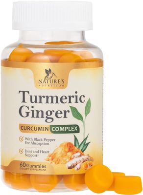Turmeric Gummies with Black Pepper &amp; Ginger for Best Absorption, 95% Curcuminoids Tumeric Curcumin Gummy, Nature&#39;s Herbal Extract Joint Support Supplement, Vegan Non-GMO, Peach Flavor - 60 Gummies