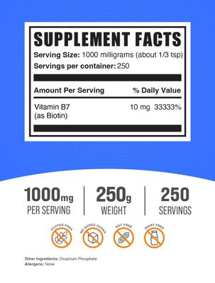 BulkSupplements.com Biotin 10000mcg Powder - Biotin Powder, Biotin Vitamins for Hair, Skin and Nails - as Vitamin B7, Gluten Free, 1000mg per Serving (10mg Biotin), 250g (8.8 oz) (Pack of 1)