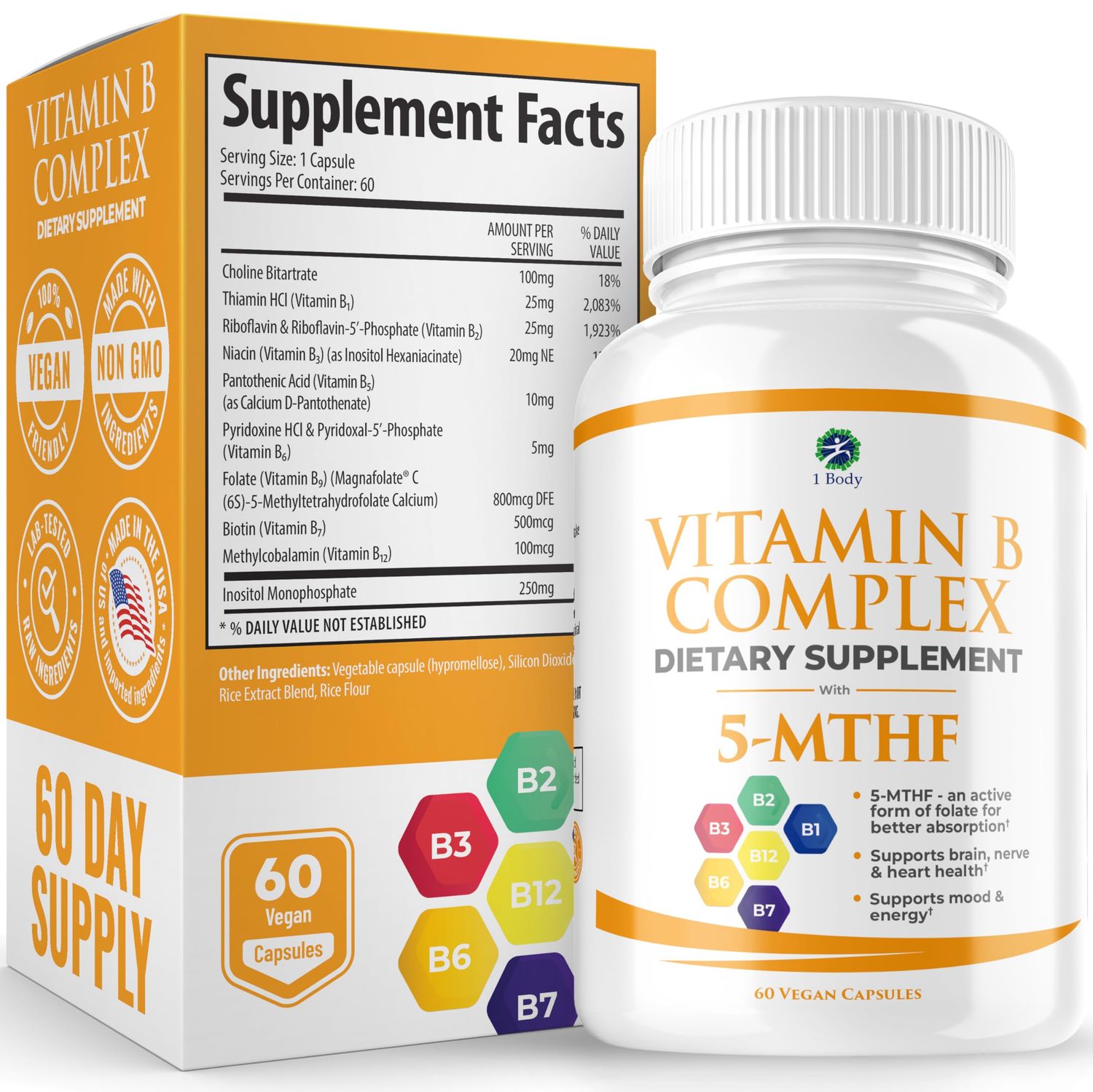 1 Body Vitamin B Complex - Methylated 5-MTHF Folate with B1, B2, B5, B6, Methyl B12, Niacin, Biotin - Wide Range of Benefits for Stress, Heart Health, Nervous System Support, &amp; Brain Support