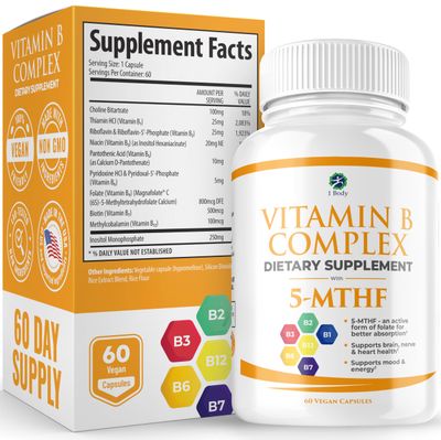 1 Body Vitamin B Complex - Methylated 5-MTHF Folate with B1, B2, B5, B6, Methyl B12, Niacin, Biotin - Wide Range of Benefits for Stress, Heart Health, Nervous System Support, &amp; Brain Support