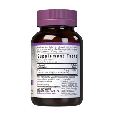 Bluebonnet Nutrition Chelated Iron 18 mg - non-constipating Iron - Soy-Free, Gluten-Free, Non-GMO, Kosher Certified, Dairy-Free, Vegan - 90 Vegetable Capsules, 90 Servings