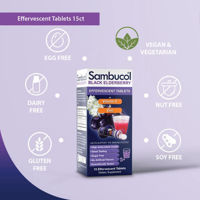 Sambucol Black Elderberry Effervescent Tablets - Elderberry with Zinc and Vitamin C for Adults, Elderberry Dissolving Tablets, Berries - 15 Count