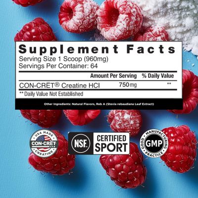 CON-CRET Creatine HCl Powder | Muscle, Cognitive, Cellular Energy Support | No Bloating or Cramps | USA Made &amp; NSF Certified | Raspberry (64 Serving)