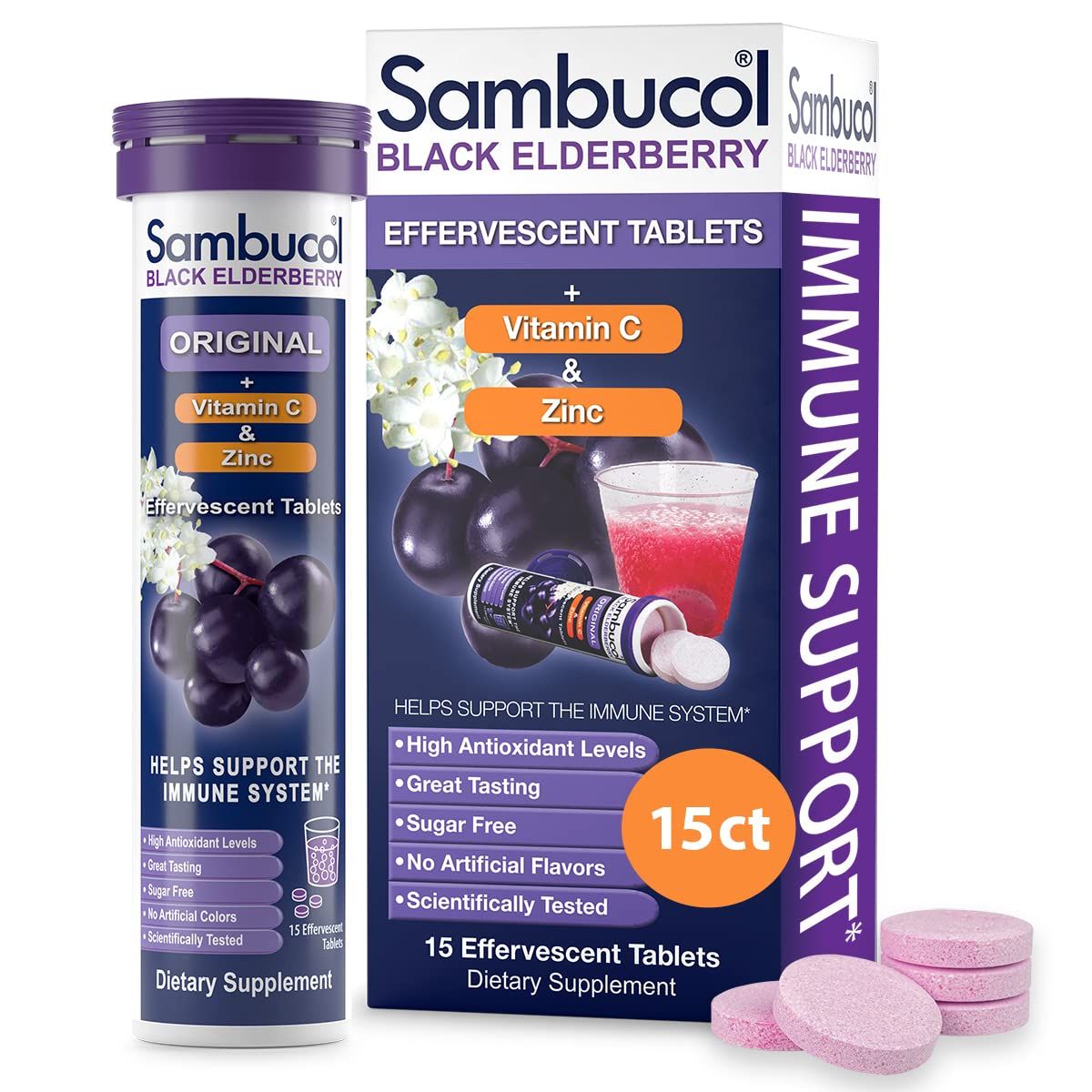 Sambucol Black Elderberry Effervescent Tablets - Elderberry with Zinc and Vitamin C for Adults, Elderberry Dissolving Tablets, Berries - 15 Count