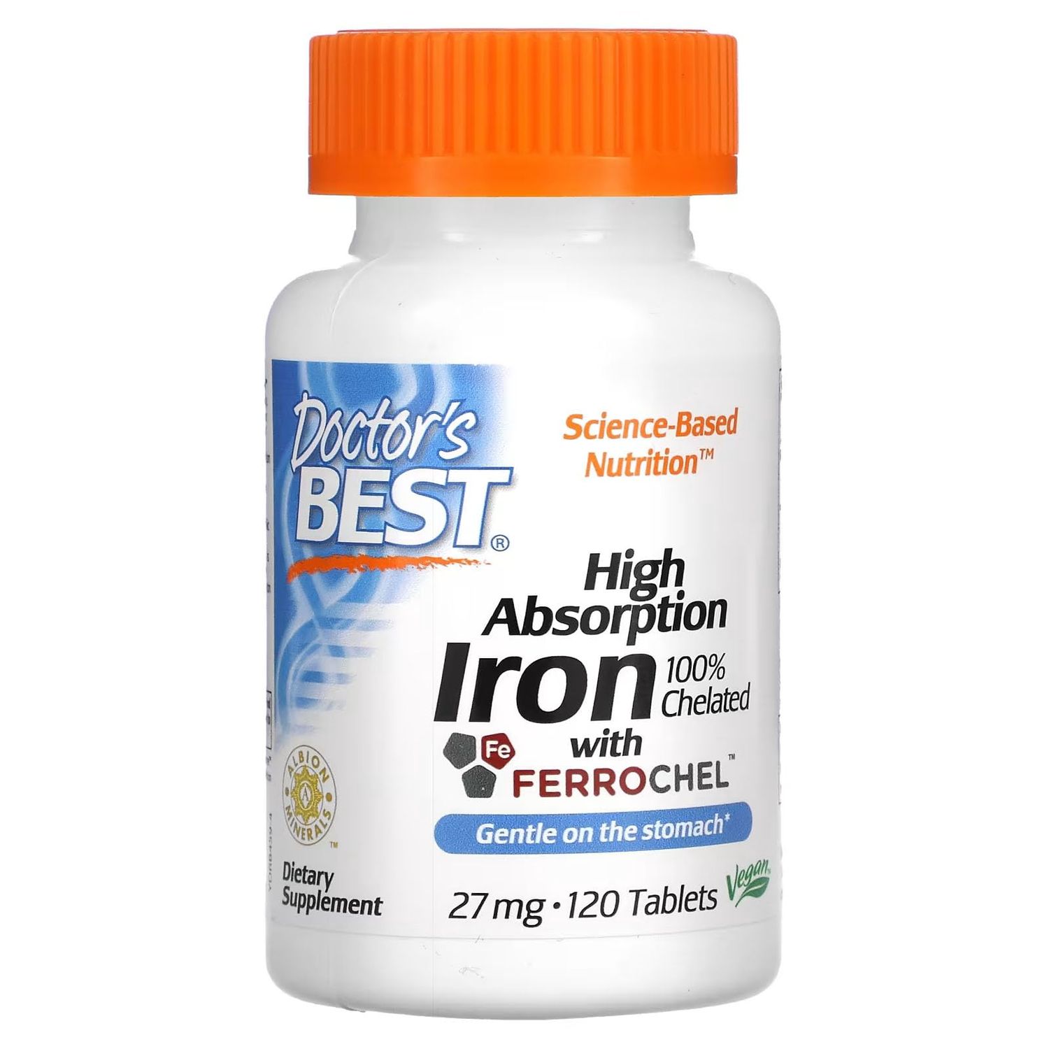 Doctor&#39;s Best High Absorption Iron Tablet with Ferrochel, Gentle on The Stomach, Immune Health, Blood Health, 27 mg