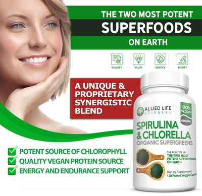 Allied Life Spirulina and Chlorella | Organic Chlorophyll Vegan Protein Powder Green Superfood | 120 Capsules
