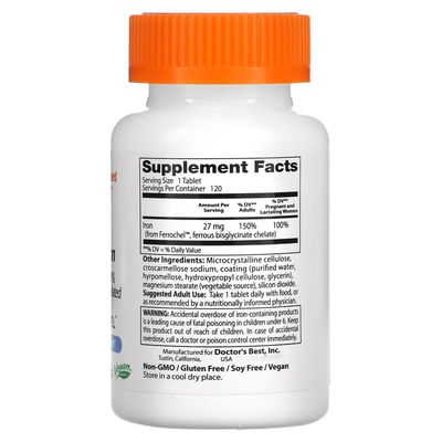 Doctor's Best High Absorption Iron Tablet with Ferrochel, Gentle on The Stomach, Immune Health, Blood Health, 27 mg