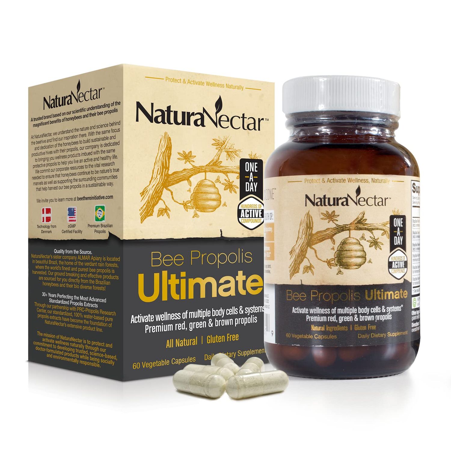 NaturaNectar Ultimate Bee Propolis | NSF Contents Certified | Premium Red, Green, Brown Brazilian Propolis | with Flavonoids and PWE | Ethical Beekeeping &amp; Naturally Sourced | 60 Veggie Capsules