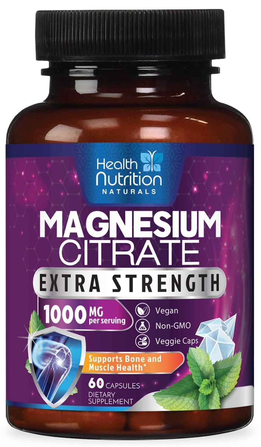 Magnesium Citrate Capsules 1000mg - Max Absorption Magnesium Powder Capsules for Muscle, Nerve, Bone and Heart Health Support, High Absorption Citrate Complex, Gluten Free, Non-GMO - 60 Capsules