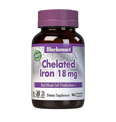 Bluebonnet Nutrition Chelated Iron 18 mg - non-constipating Iron - Soy-Free, Gluten-Free, Non-GMO, Kosher Certified, Dairy-Free, Vegan - 90 Vegetable Capsules, 90 Servings