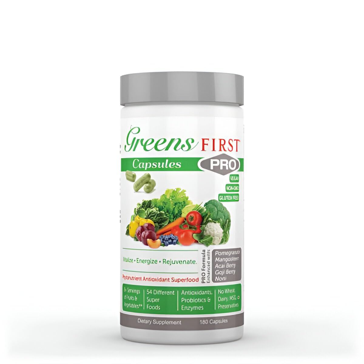 Greens First PRO Phytonutrient Capsules - 30 Servings - 54 Antioxidant Superfoods, Organic Fruits &amp; Vegetables - Prebiotics, Probiotics &amp; Digestive Enzymes - Dairy &amp; Wheat-Free, Non-GMO - 180 Capsules
