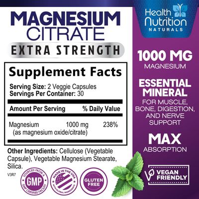 Magnesium Citrate Capsules 1000mg - Max Absorption Magnesium Powder Capsules for Muscle, Nerve, Bone and Heart Health Support, High Absorption Citrate Complex, Gluten Free, Non-GMO - 60 Capsules