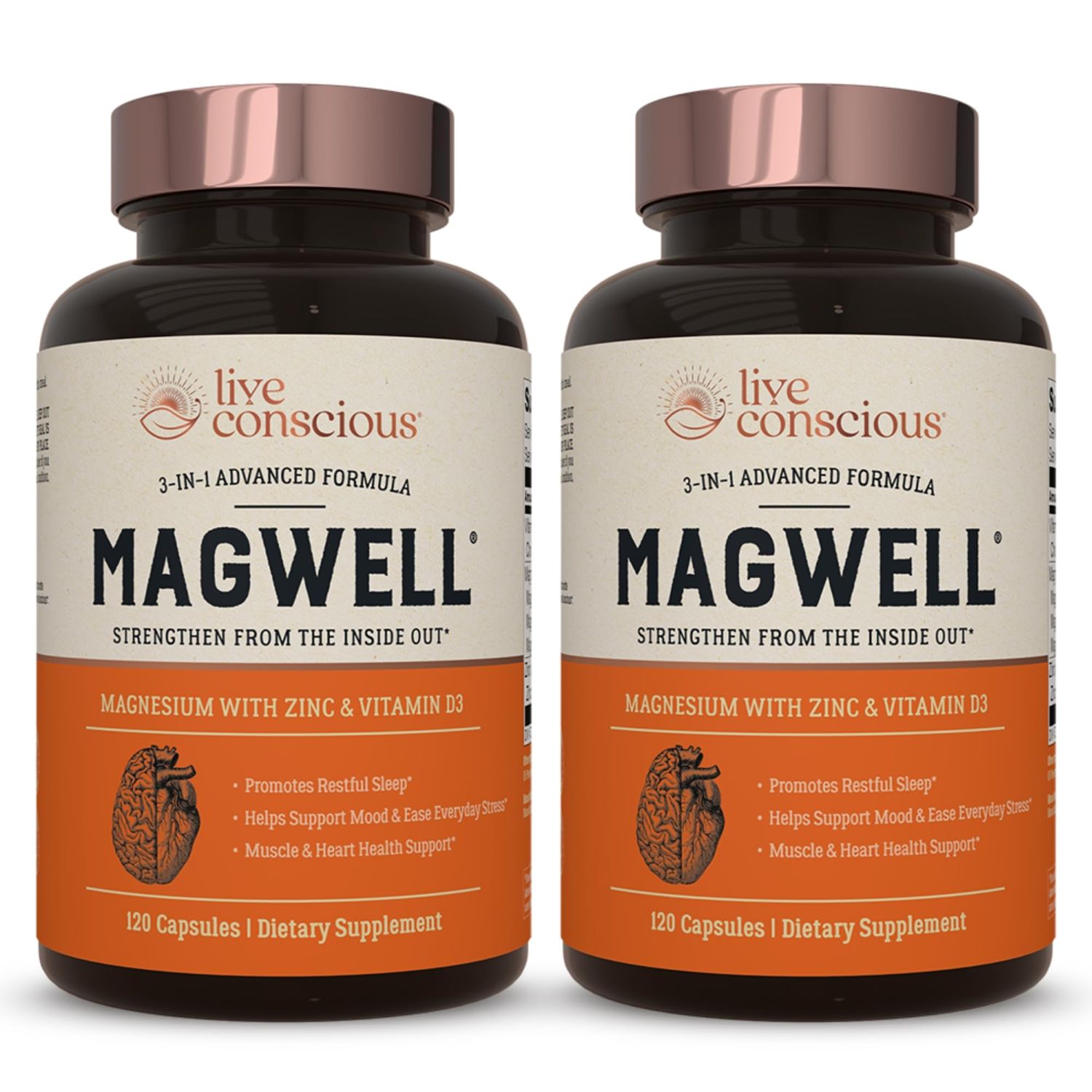 Live Conscious Magnesium Zinc &amp; Vitamin D3 - Bioavailable Forms of Magnesium - Malate, Glycinate, Citrate - MagWell Bone &amp; Heart Health, Immune System Support - 120 Capsules (2-Pack)