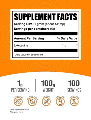 BulkSupplements.com L-Arginine Powder - Arginine 1000mg, Arginine Supplement - Nitric Oxide Supplement, Unflavored & Gluten Free, 1000mg per Serving, 100g (3.5 oz) (Pack of 1)