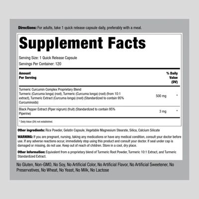 Piping Rock Turmeric Curcumin Supplement | 500mg | 120 Capsules | with Black Pepper Extract | Non-GMO, Gluten Free