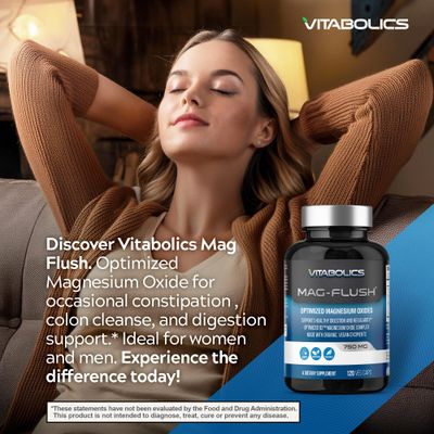 Vitabolics Mag Flush Magnesium Oxide Capsules 750mg 120 Vcaps - Oxygenated Magnesium Oxide Supplement for Constipation Relief, Colon Cleanse, Laxative and Digestion Support for Women and Men