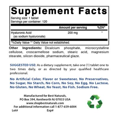 Best Naturals Hyaluronic Acid 200 mg 120 Tablets (Non-GMO, Gluten Free) - Promotes Youthful Healthy Skin & Healthy Joint Function (120 Count (Pack of 1))