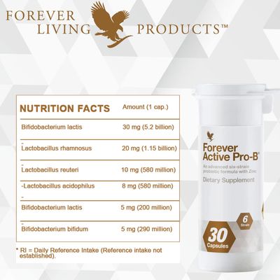 Forever Living - Forever Active Pro-B - Advanced Probiotic for Digestive Health - 8Billion CFU, 6 Synergistic Strains, Soy &amp; Gluten Free - 30 Capsules