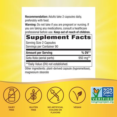 Nature's Way Gotu Kola - 950 mg per 2-capsule serving - Supports Vitality & Longevity* - Gluten & Dairy Free - Non-GMO Project Verified - 180 Vegan Capsules