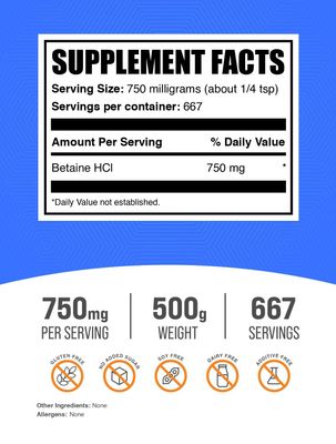 BulkSupplements.com Betaine HCl Powder - Betaine Hydrochloride Powder, Betaine HCl 750mg, Betaine Hydrochloride Supplement - Gluten Free, 750mg per Serving, 500g (1.1 lbs) (Pack of 1)