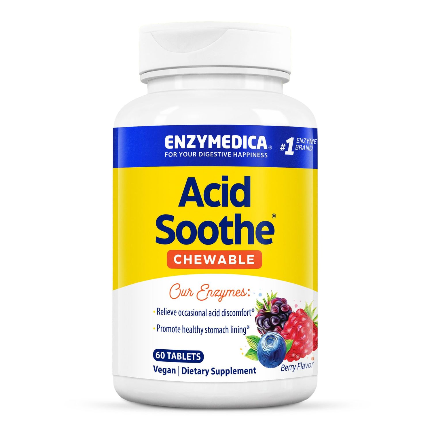 Enzymedica, Acid Soothe Chewable, Promotes Relief from Heartburn and Indigestion While Helping to Strengthen the Stomach Lining, Vegan, Non-GMO, 60 Tablets (60 Servings)