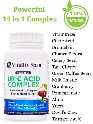 Vitality Span Uric Acid Cleanse and Joint Relief with Tart Cherry, Milk Thistle, Devils Claw, Selery Seed, Chanca Piedra, Turmeric, Bromelain | Full Body Cleanse and Detox | Vegan| Made in USA