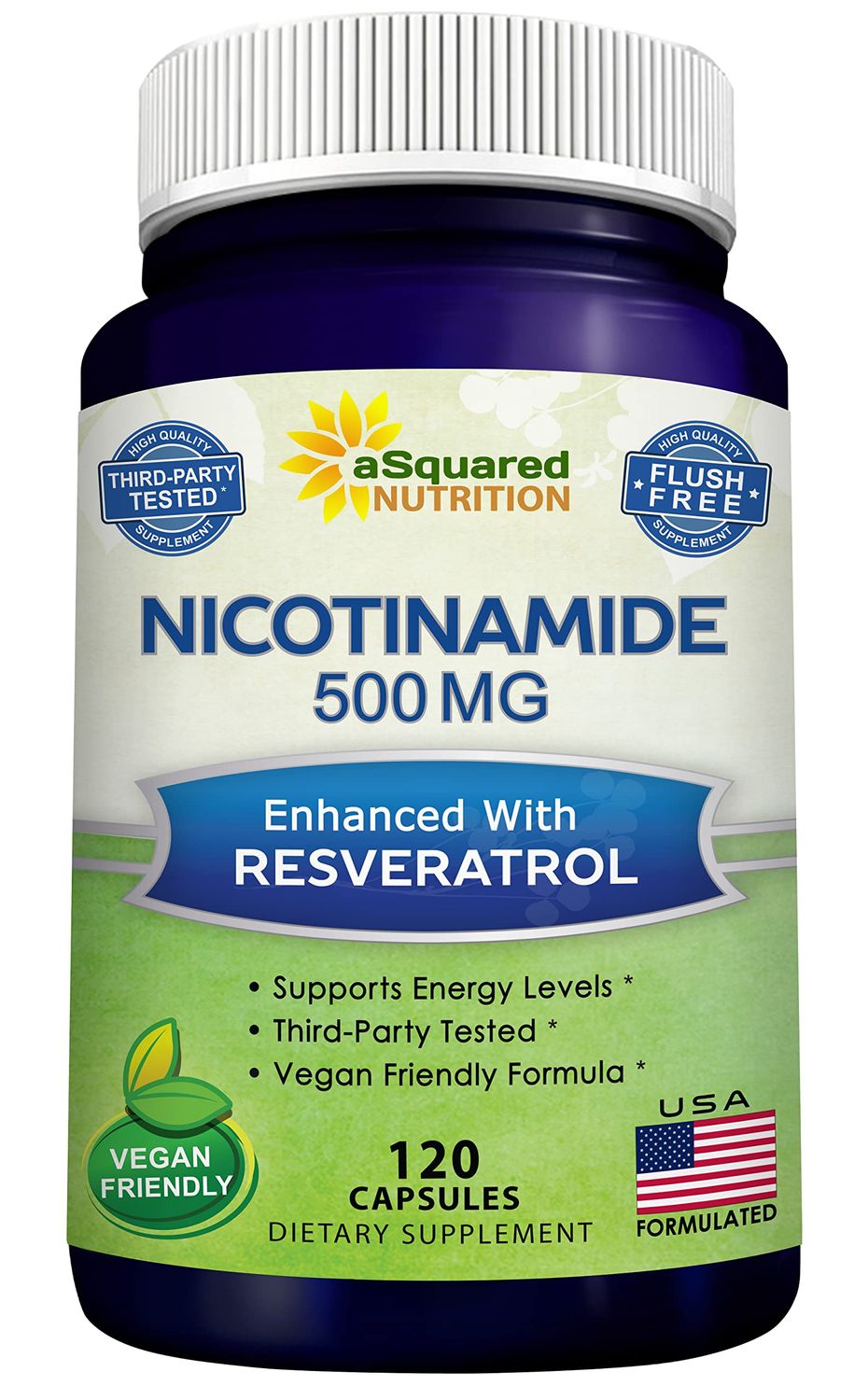 aSquared Nutrition Nicotinamide with Resveratrol - 120 Veggie Capsules - Vitamin B3 500mg (Niacinamide Flush Free) - Supplement Pills to Support NAD, Skin Cell Health &amp; Energy