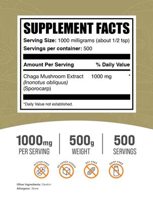 BulkSupplements.com Chaga Mushroom Extract Powder - Chaga Extract, Chaga Mushrooms Powder - for Immune Support, Gluten Free - 1000mg per Serving, 500g (1.1 lbs) (Pack of 1)