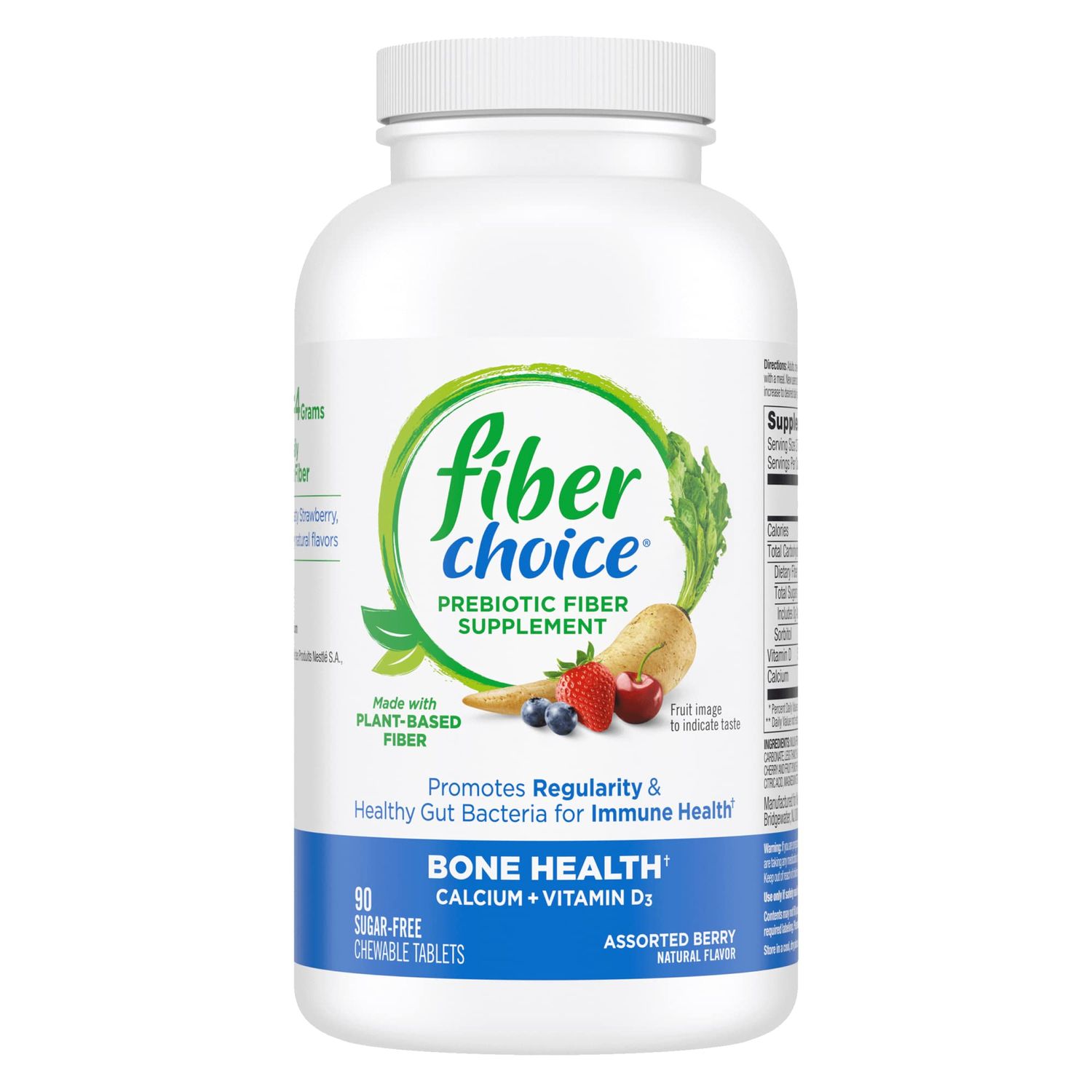 Fiber Choice Bone Health Daily Prebiotic Fiber Chewable Tablets with Calcium &amp; Vitamin D, Assorted Berry, 90 Count