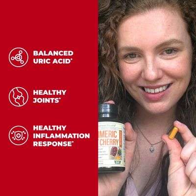 Turmeric Curcumin &amp; Tart Cherry Extract Capsules with Black Pepper &amp; Organic Tumeric. Tart Cherry Capsules Aid Uric Acid Balance, Joint Health, Muscle Health &amp; Sleep. 600mg 10:1 Tart Cherry Extract