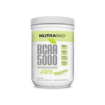 NutraBio BCAA 5000 Powder - Fermented Branched Chain Amino Acids for Muscle Growth &amp; Recovery - Natural Flavors, Sweeteners, and Coloring, Vegan, Gluten Free - Lemonade, 60 Servings