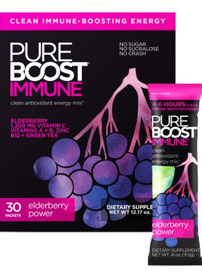 Pureboost Immune Clean Energy Booster, Refreshing Energy Drink Mix and Immunity Supplement with Elderberry, 1,200 mg Vitamin C, Vitamins A + D, and Zinc. Sugar-Free Energy (Elderberry Power, 30 Count)