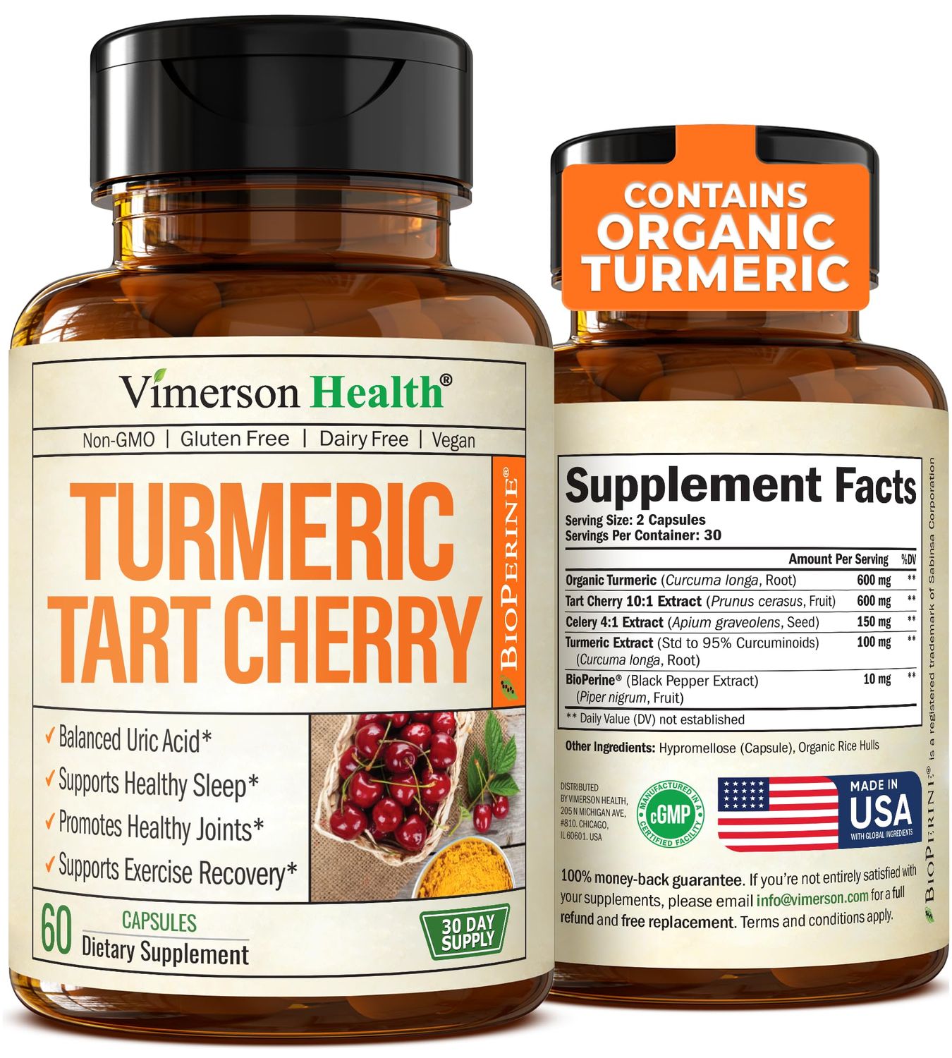 Turmeric Curcumin &amp; Tart Cherry Extract Capsules with Black Pepper &amp; Organic Tumeric. Tart Cherry Capsules Aid Uric Acid Balance, Joint Health, Muscle Health &amp; Sleep. 600mg 10:1 Tart Cherry Extract