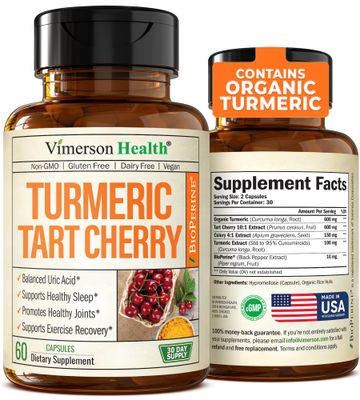 Turmeric Curcumin &amp; Tart Cherry Extract Capsules with Black Pepper &amp; Organic Tumeric. Tart Cherry Capsules Aid Uric Acid Balance, Joint Health, Muscle Health &amp; Sleep. 600mg 10:1 Tart Cherry Extract