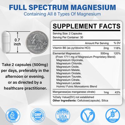 Magnesium Complex Supplement 8 Forms, 500mg Magnesium Glycinate, Malate, Citrate, High Absorption Mg for Calm, Sleep, Mood &amp; Healthy Muscle, Pack of 2, Total 120 Vegan Capsules