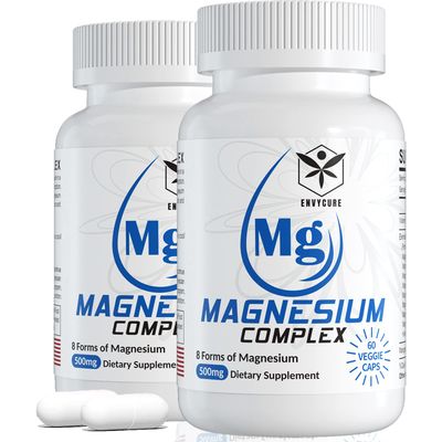 Magnesium Complex Supplement 8 Forms, 500mg Magnesium Glycinate, Malate, Citrate, High Absorption Mg for Calm, Sleep, Mood &amp; Healthy Muscle, Pack of 2, Total 120 Vegan Capsules