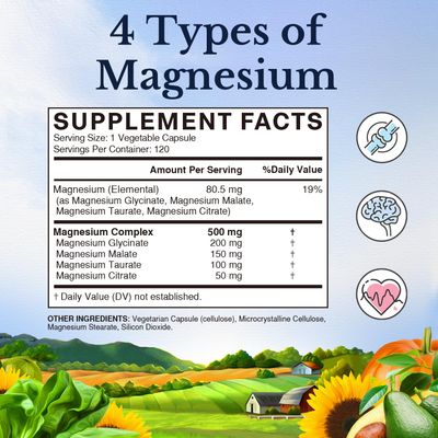 Vitalitown Magnesium Complex Supplement 500mg - Maximized Absorption Chelated Magnesium Glycinate, Malate, Taurate &amp; Citrate - Vegan Non-GMO Magnesium 120 Capsules for Sleep, Muscle, Energy &amp; Heart