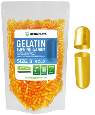 XPRS Nutra Size 3 Empty Capsules - 500 Count Empty Gelatin Capsules - Empty Pill Capsules - DIY Capsule Filling - Pure Bovine Pill Capsules Empty Gel Caps (Gold)