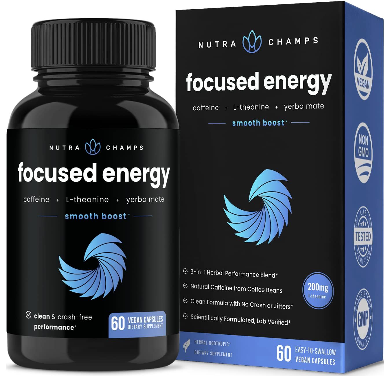 Caffeine Pills with L-Theanine for Focused Energy | Smooth &amp; Clean Energy Supplement for Focus &amp; Performance | No Crash, No Jitters | Nootropic Brain Booster with Yerba Mate | 60 Vegan Energy Pills