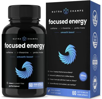 Caffeine Pills with L-Theanine for Focused Energy | Smooth &amp; Clean Energy Supplement for Focus &amp; Performance | No Crash, No Jitters | Nootropic Brain Booster with Yerba Mate | 60 Vegan Energy Pills