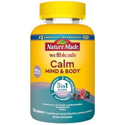 Nature Made Wellblends Calm Mind &amp; Body, Magnesium Citrate, Ashwagandha 125mg &amp; GABA 100mg Blend for Stress Relief, 38 Gummy Vitamins