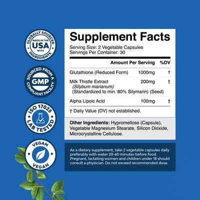 Reduced Glutathione Supplement with Milk Thistle - 1000mg Per Serving Plus Alpha Lipoic Acid and Silymarin Milk Thistle Complex for Liver Support Skin Complexion and Immune Support (30 Servings)