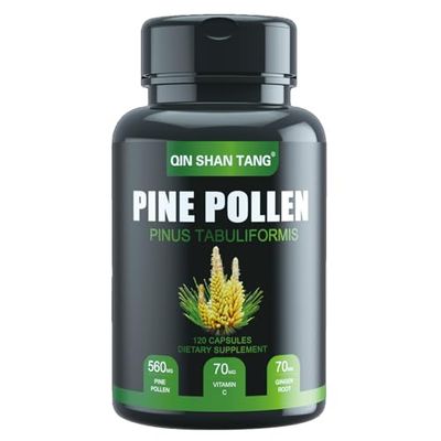 QIN SHAN TANG Pine Pollen Supplement wtih Ginger Root and Vitamin C, 99% Cracked Cell Wall,120 Veggie CapsulesFocusImmune Improve