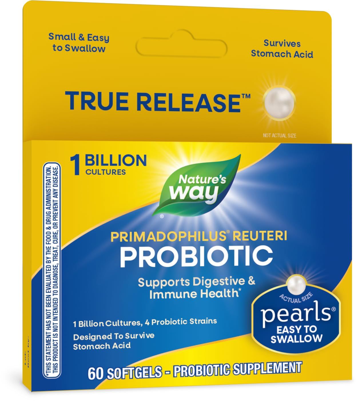 Nature&#39;s Way Primadophilus Reuteri Probiotic Pearls for Men and Women, Digestive and Immune Health*, 1 Billion Culture, 4 Probiotic Strains, Survives Stomach Acid, 60 Softgels (Packaging May Vary)