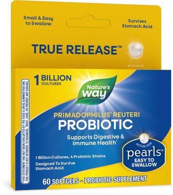 Nature&#39;s Way Primadophilus Reuteri Probiotic Pearls for Men and Women, Digestive and Immune Health*, 1 Billion Culture, 4 Probiotic Strains, Survives Stomach Acid, 60 Softgels (Packaging May Vary)
