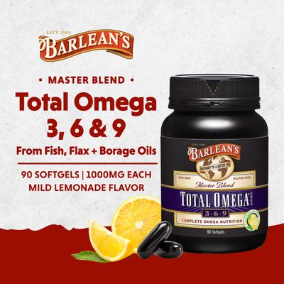 Barlean's Total Omega 3 6 9 Softgels, Blended Fish Oil Supplement with Borage and Flaxseed Oil, 1,000 mg Omegas ALA, EPA, DHA and GLA for Joint Support Supplements and Heart Health, 90 Count
