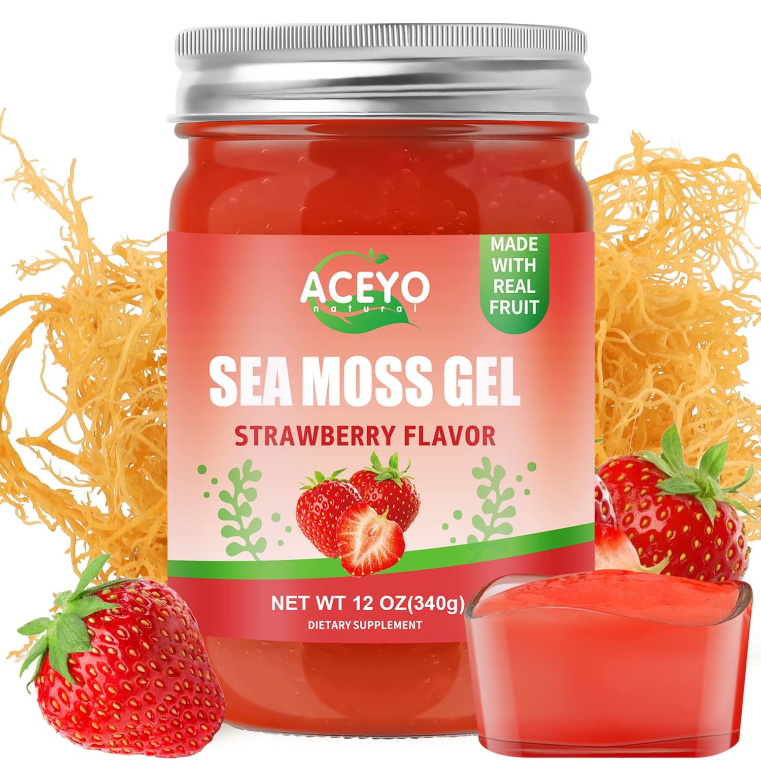 ACEYO (12 OZ) Irish Sea Moss Gel Organic Raw Vegan Strawberry Flavor 102 Vitamins and Minerals Wild Harvested Non-GMO Immune &amp; Digestion Support